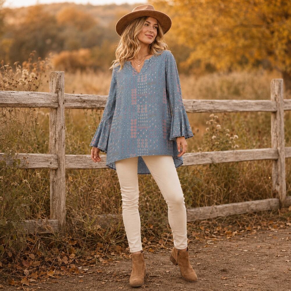 Cottagecore Boho Western Billy T Lyocell Chambray Printed Bell Sleeve Tunic M